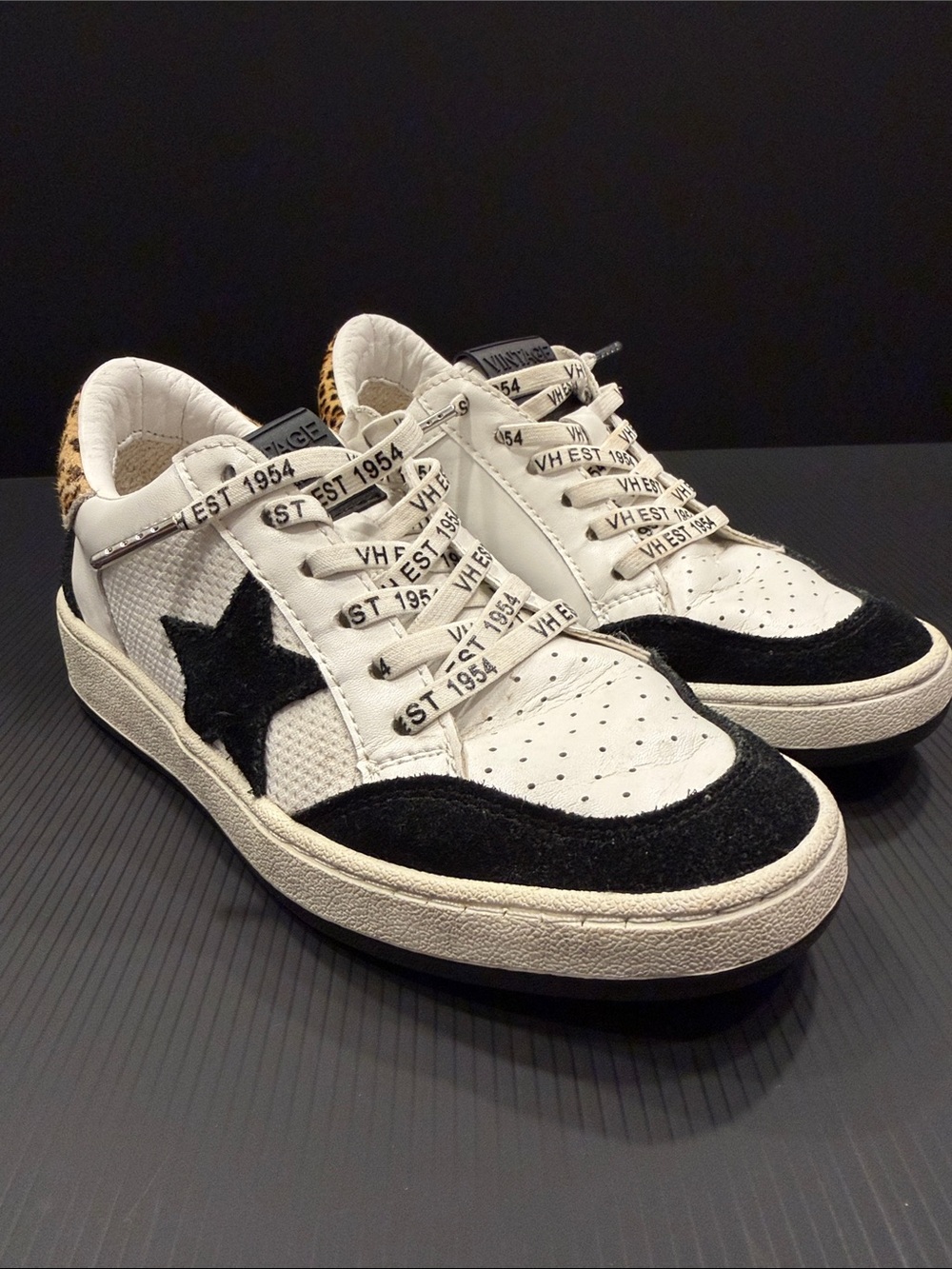 Vintage Havana White & Black Star Accent Sneakers with Leopard Heel